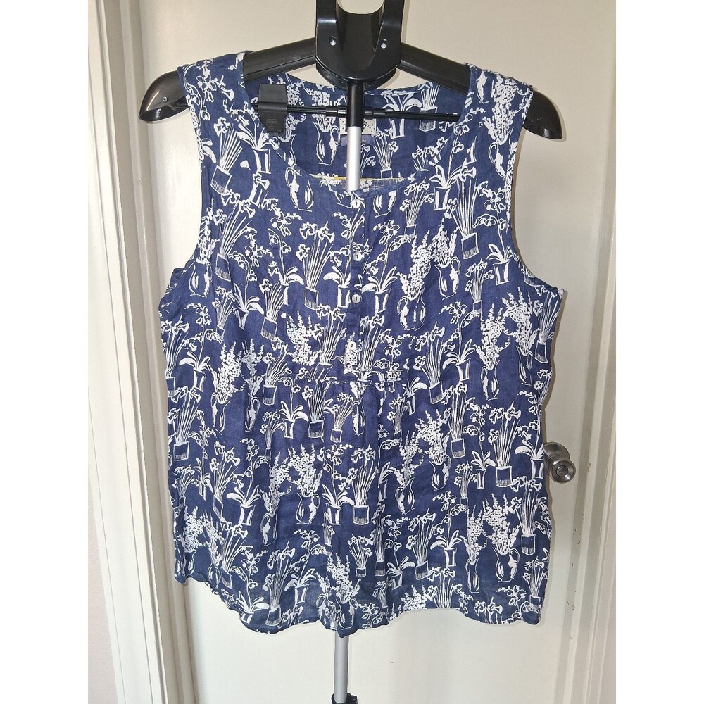 Heyton (UK/European) Linen Whimsical Botanical Print Sleeveless Blouse XL Artsy